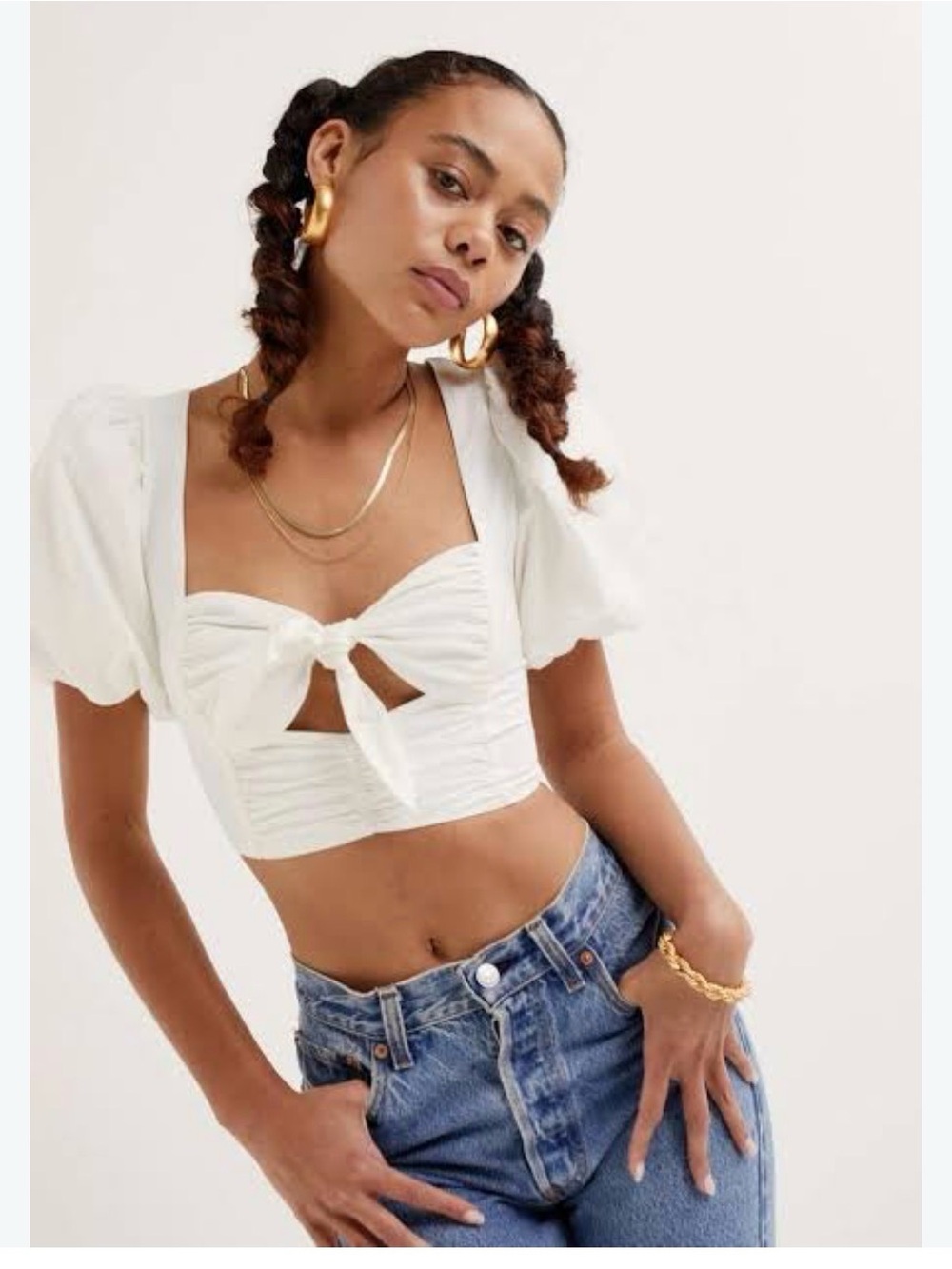 For Love And Lemons White Tie-Front Puff Sleeve Crop Top